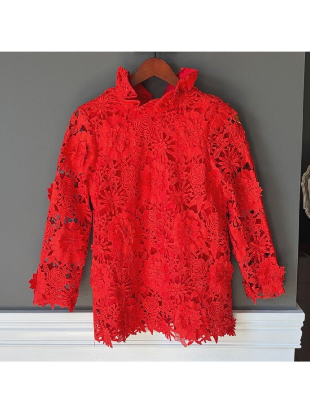 NWT Tuckernuck Guipure Lace Faye Top Blouse Bow Back Red 3/4 Sleeves Size XS - Picture 4 of 14